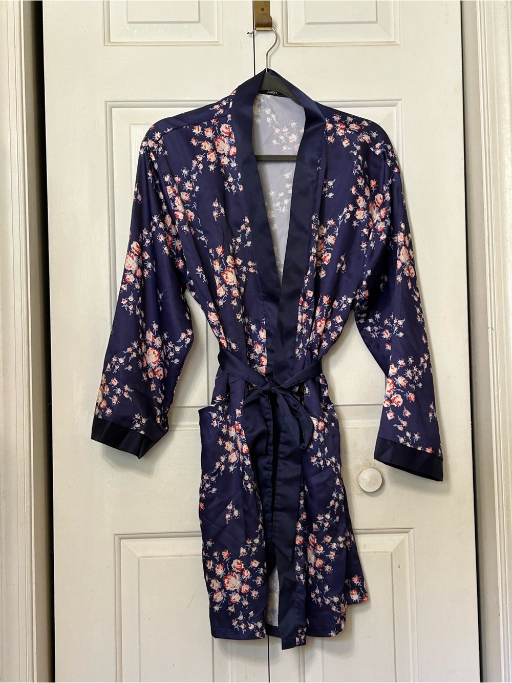 Morgan Lane Navy Floral Satin Kimono Robe with Pink Blossoms